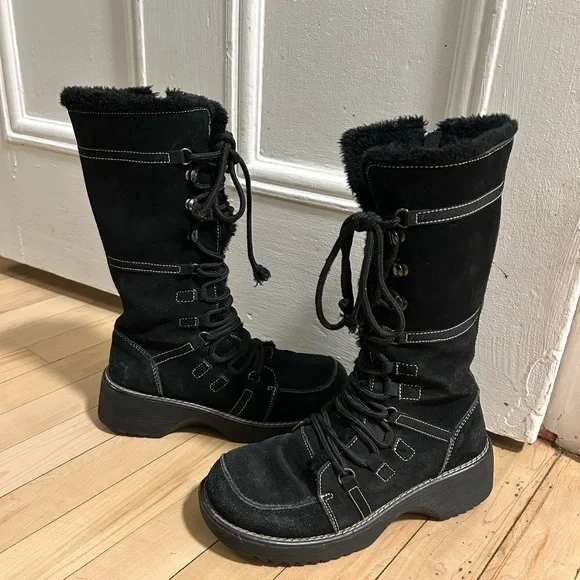 Women's Black Suede Faux Fur-Lined Lace-Up Boots - Picture 4 of 6